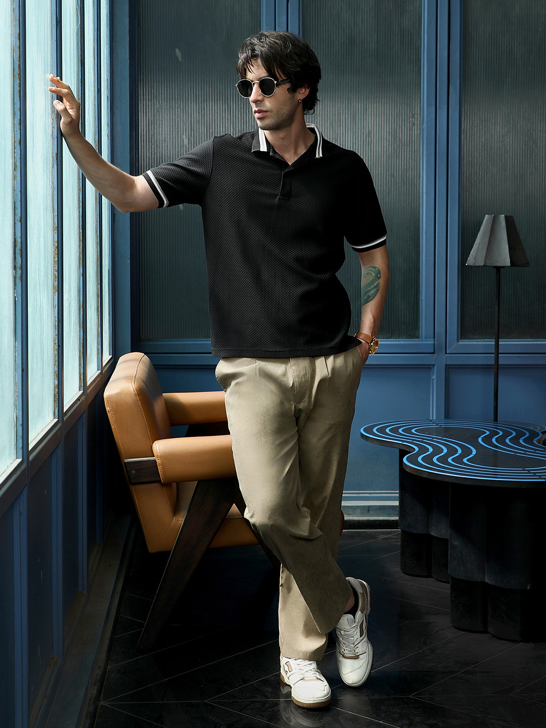 Men Onyx Black Interweave-Tactile Polo T-Shirt