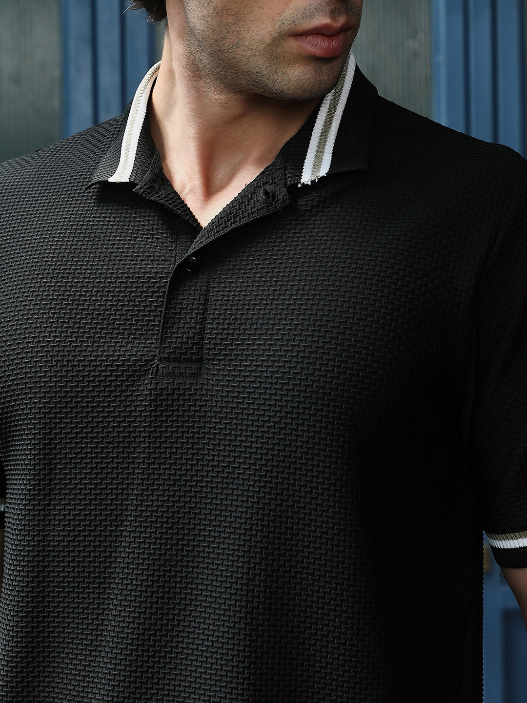 Men Onyx Black Interweave-Tactile Polo T-Shirt