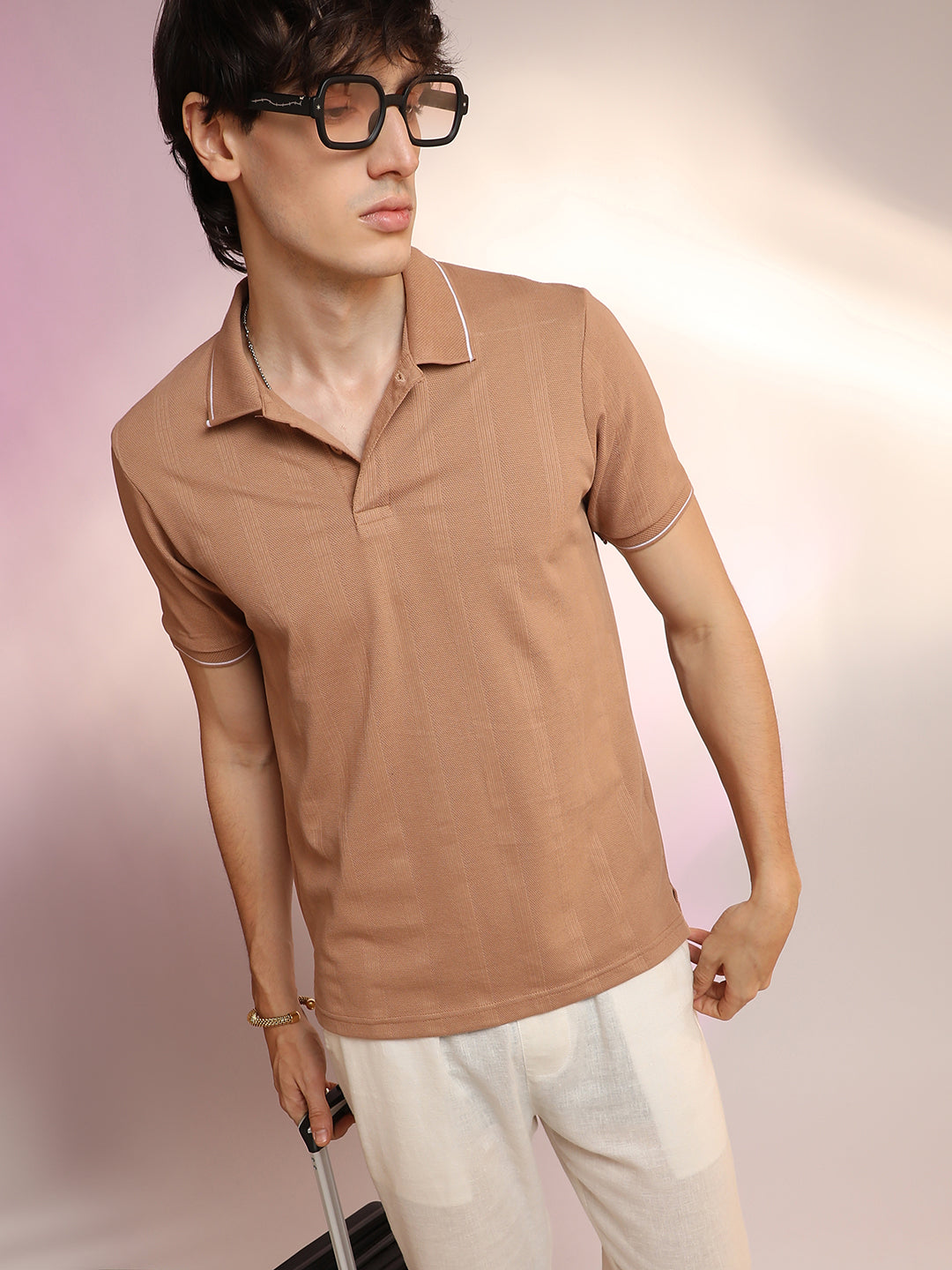 Men Pale Brown Lined-Knit Polo T-Shirt