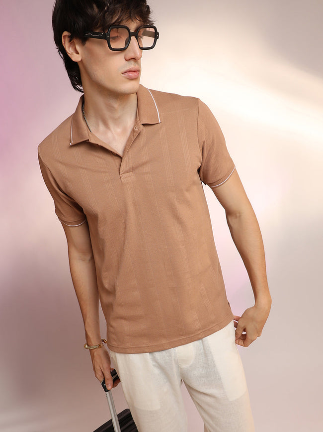 Men Pale Brown Lined-Knit Polo T-Shirt