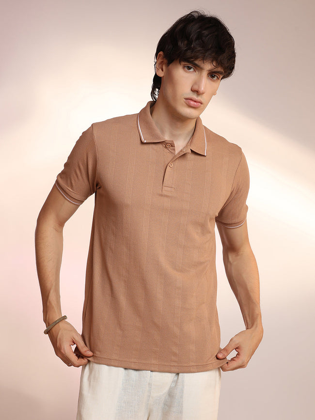 Men Pale Brown Lined-Knit Polo T-Shirt