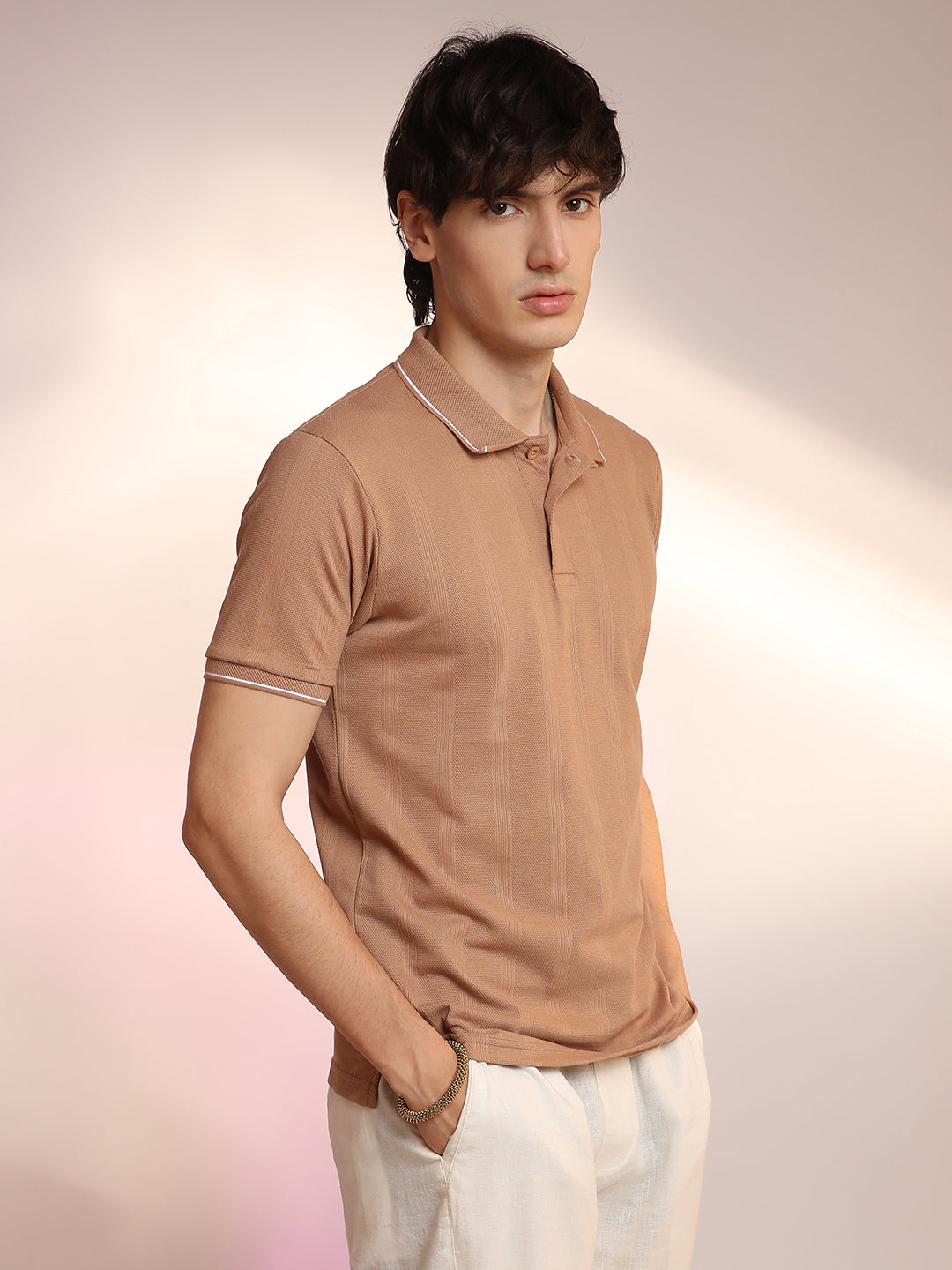 Men Pale Brown Lined-Knit Polo T-Shirt
