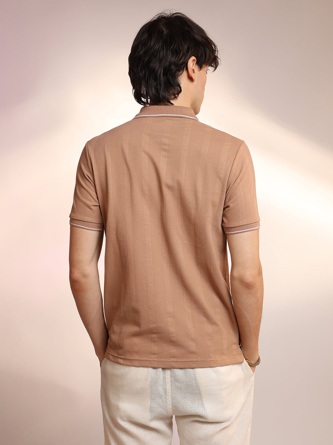 Men Pale Brown Lined-Knit Polo T-Shirt