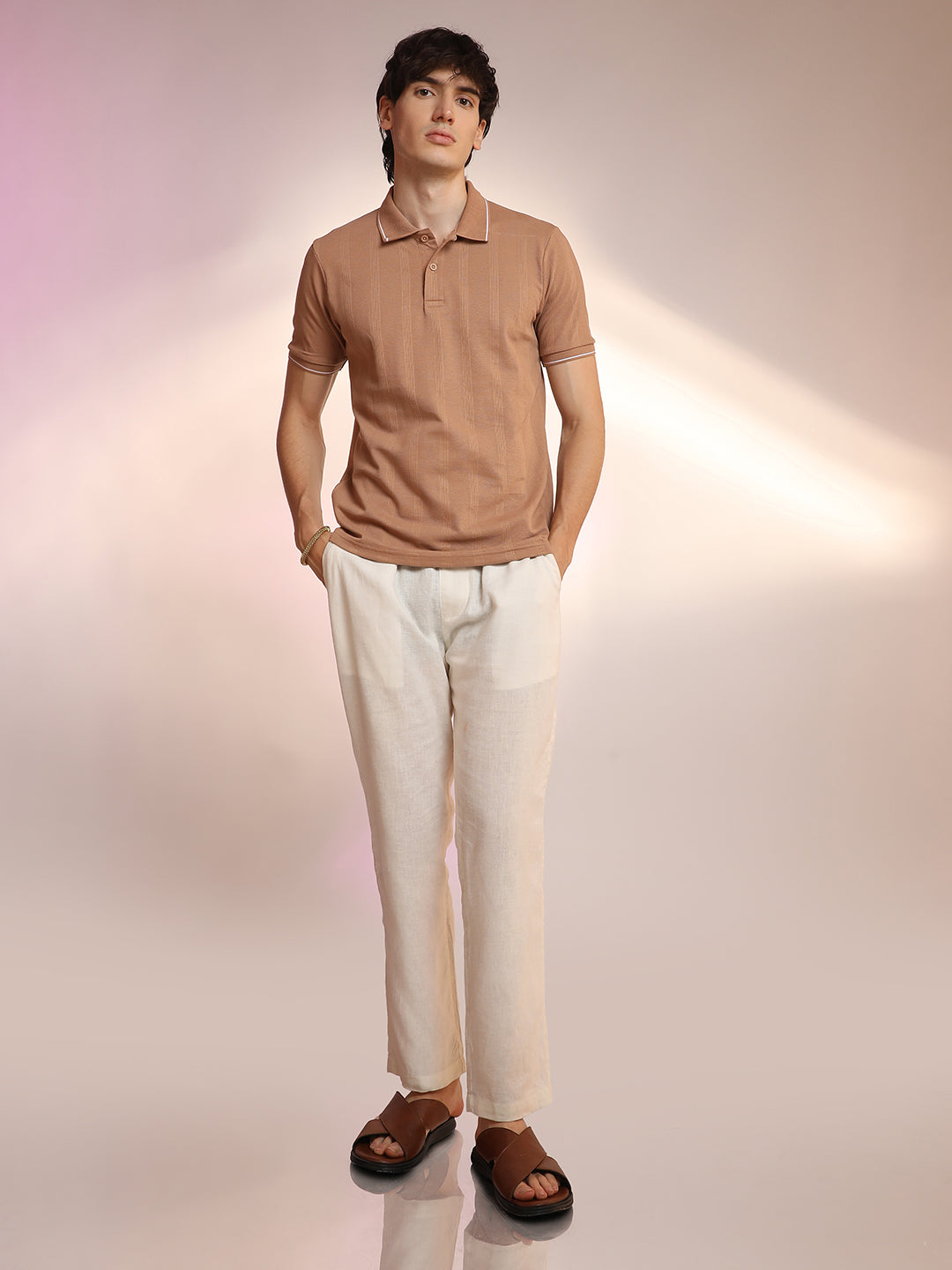 Men Pale Brown Lined-Knit Polo T-Shirt