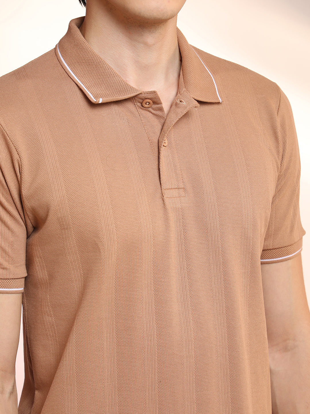 Men Pale Brown Lined-Knit Polo T-Shirt