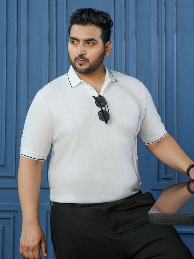 Men White Self Design T-Shirt