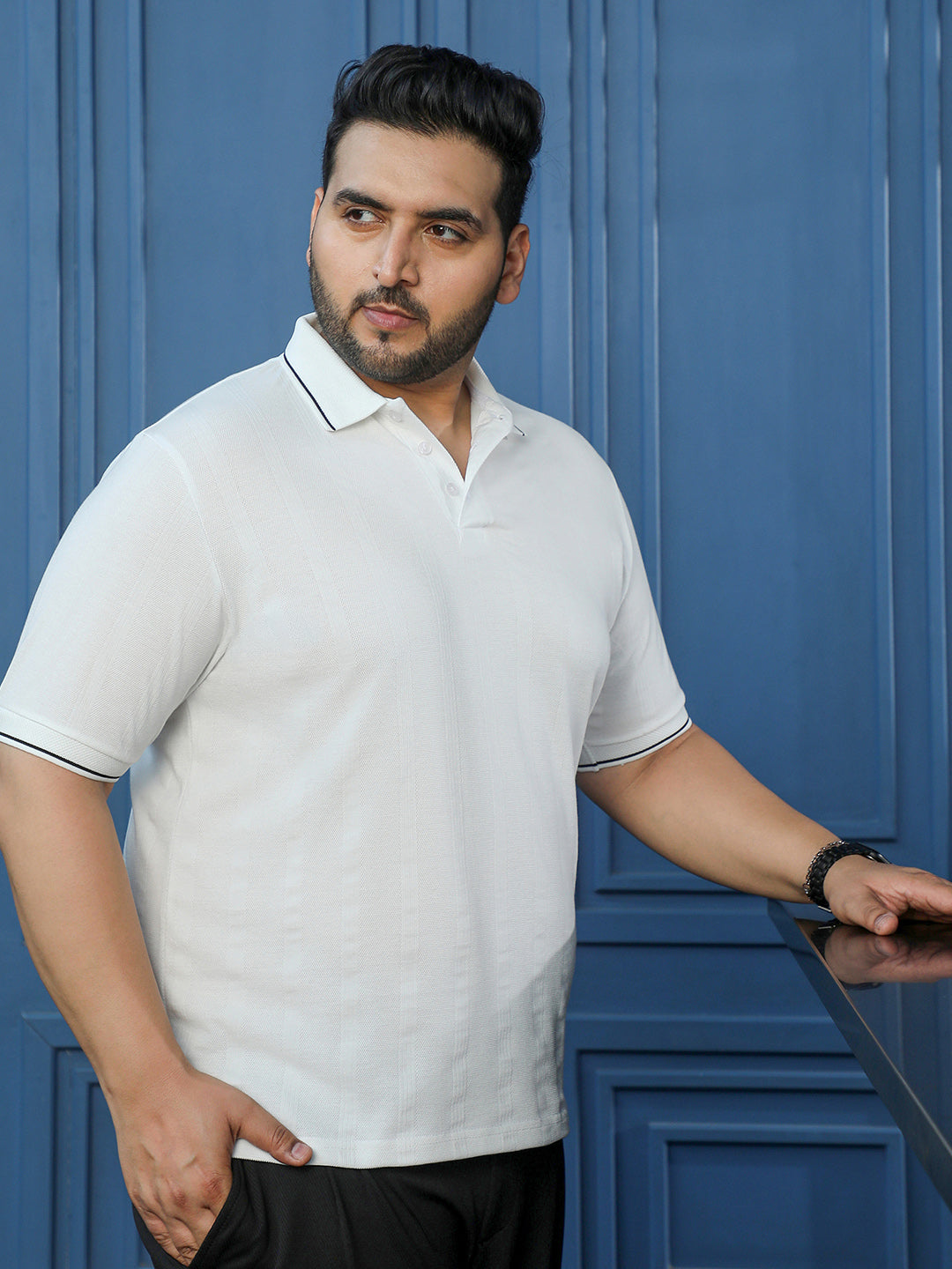 Men White Self Design T-Shirt