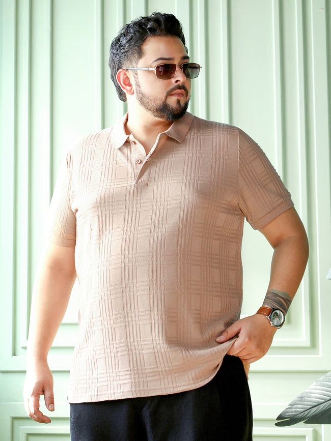 Men Buff Beige Intertwine-Textured Polo T-Shirt