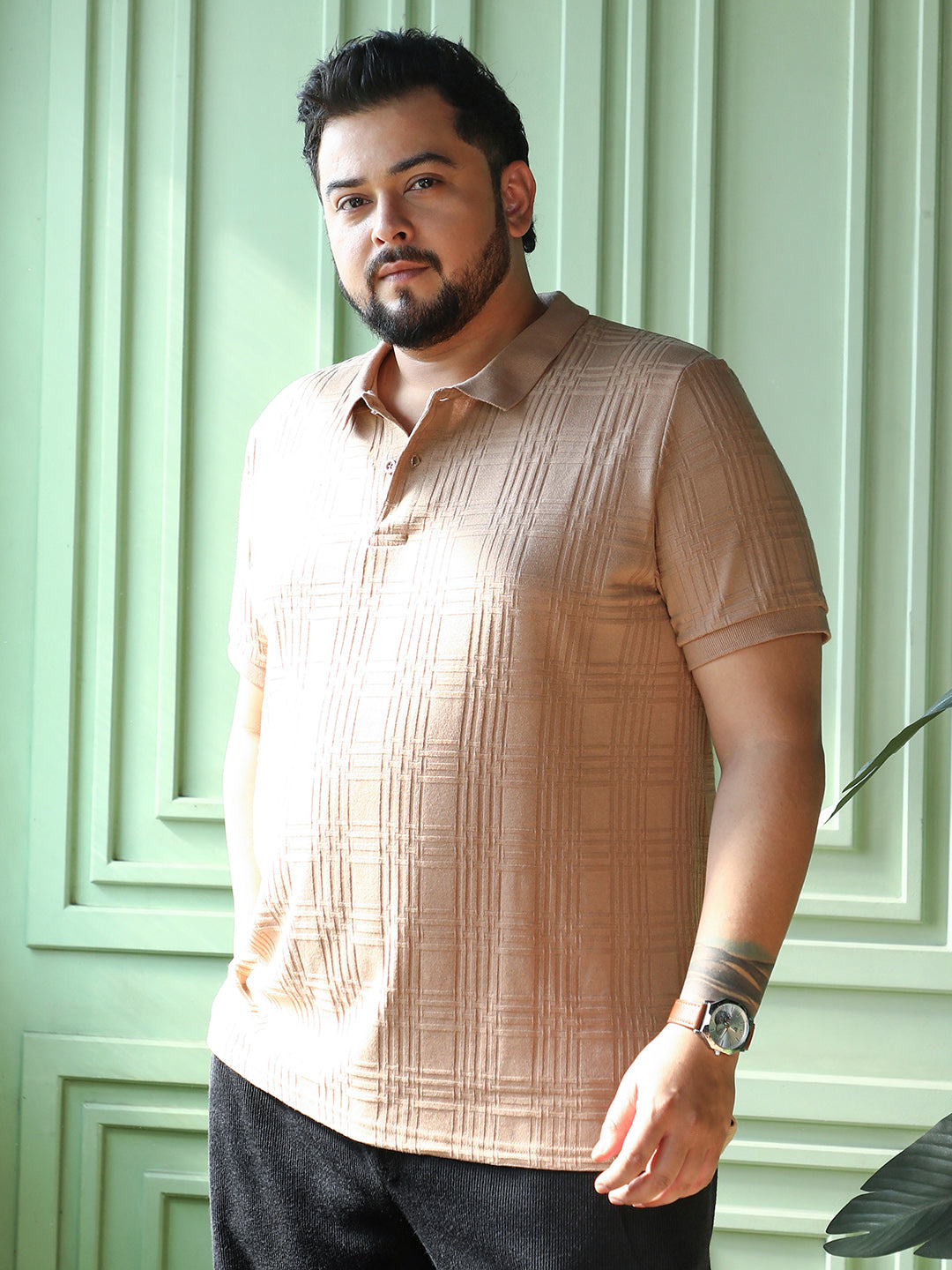 Men Buff Beige Intertwine-Textured Polo T-Shirt