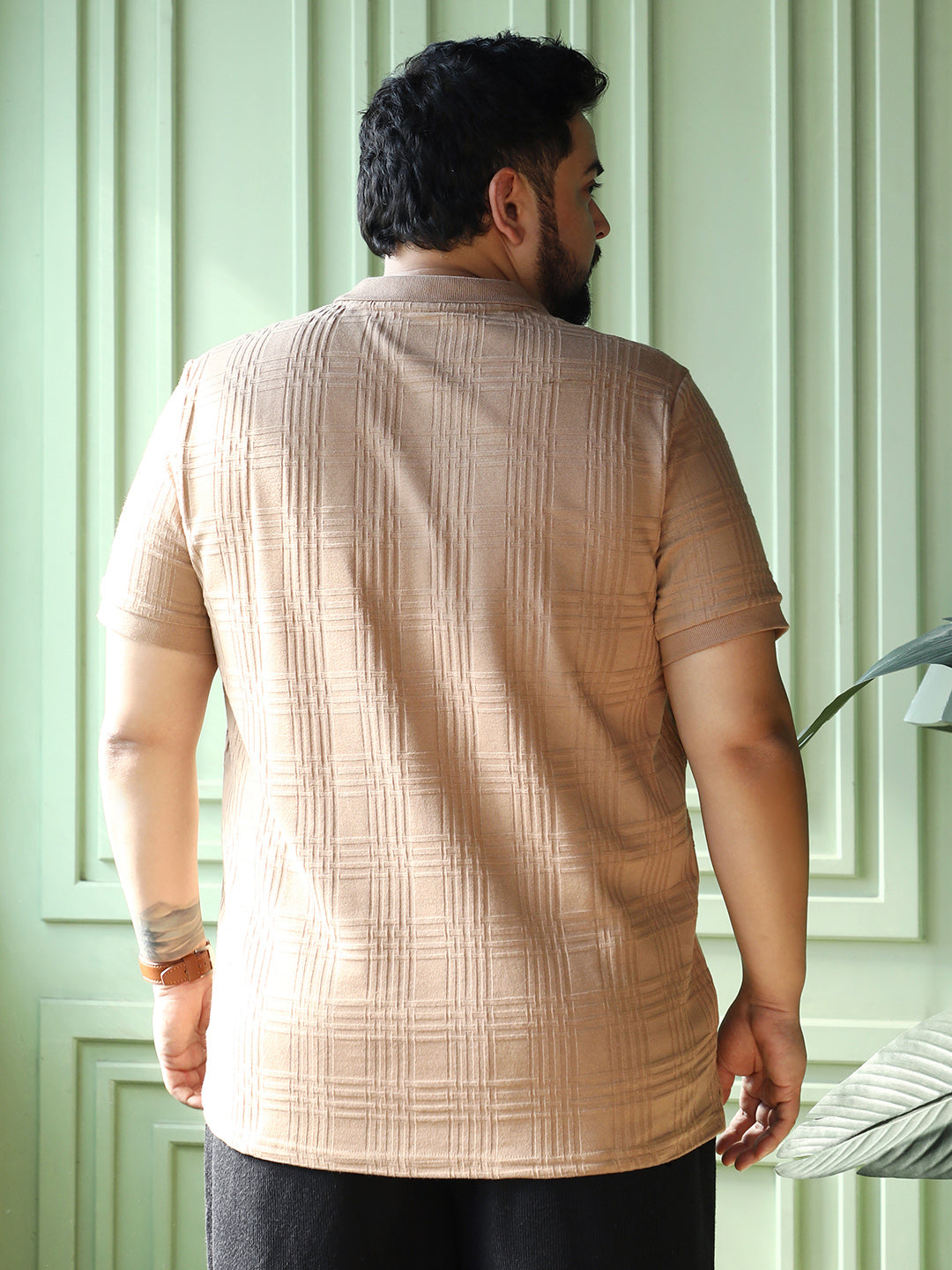 Men Buff Beige Intertwine-Textured Polo T-Shirt