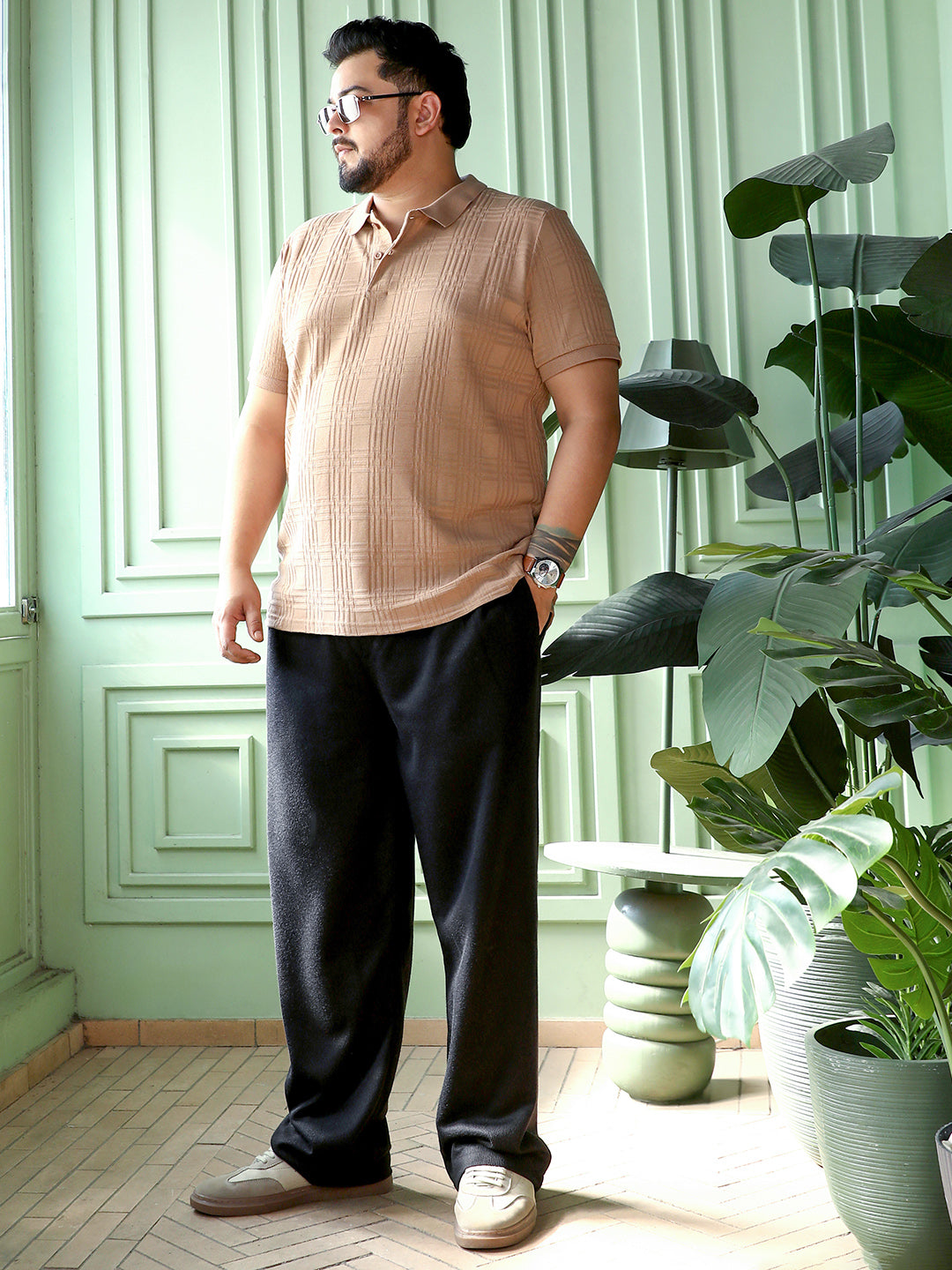 Men Buff Beige Intertwine-Textured Polo T-Shirt