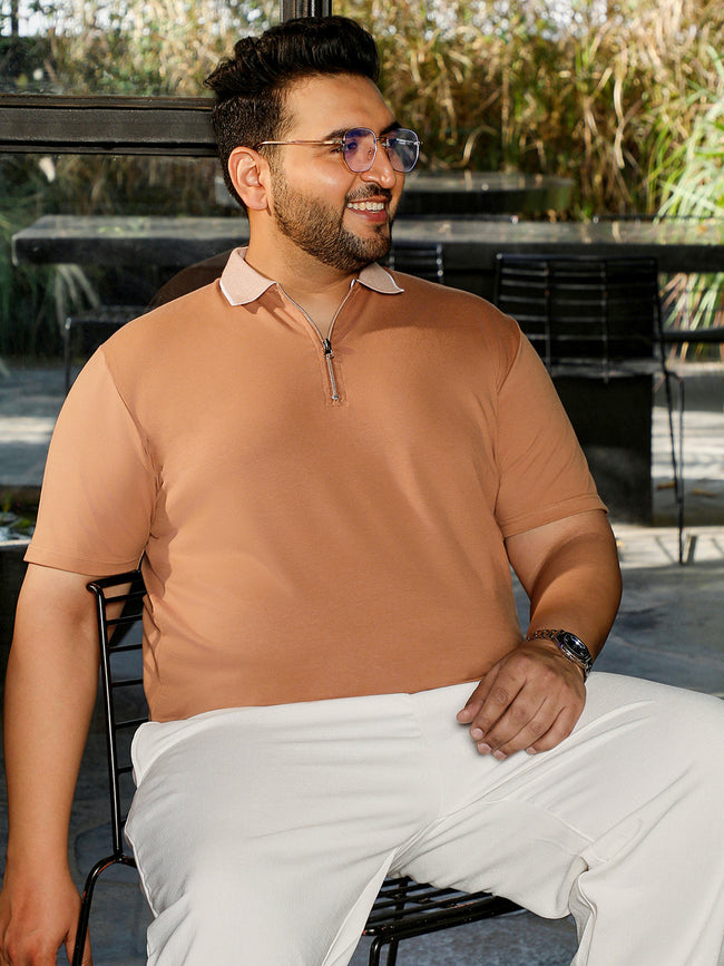 Men Tan Solid T-Shirt