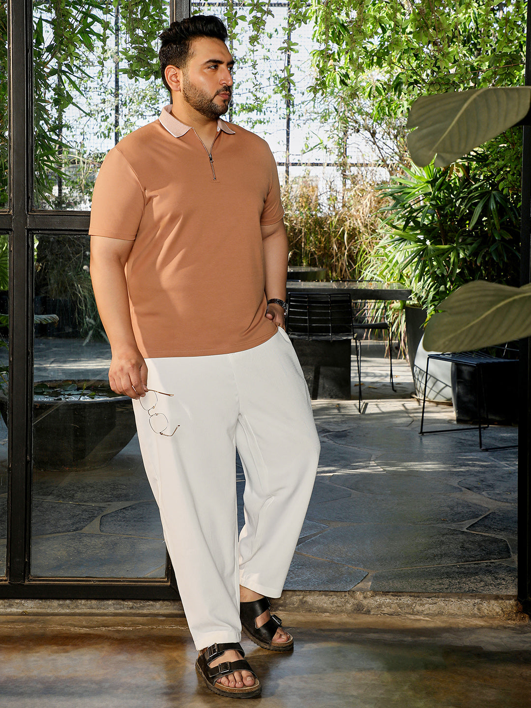Men Tan Solid T-Shirt