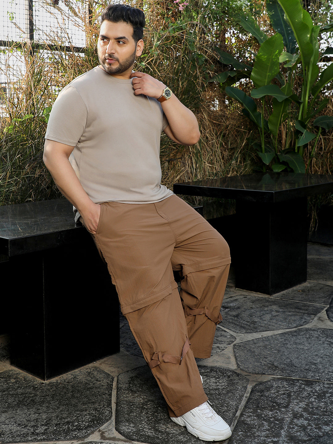 Men Beige Solid T-Shirt