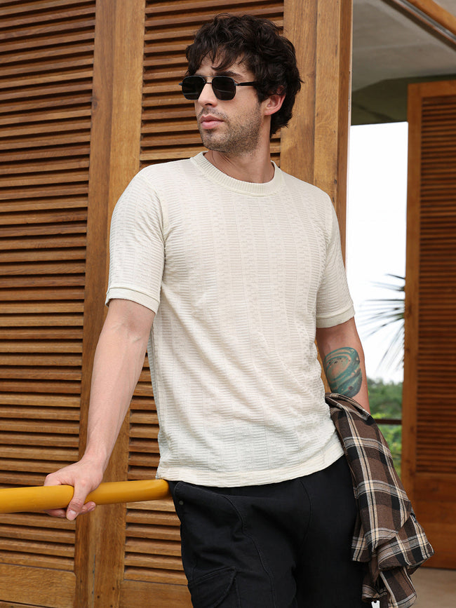 Men Cream White Dash-Ribbed Knit T-Shirt