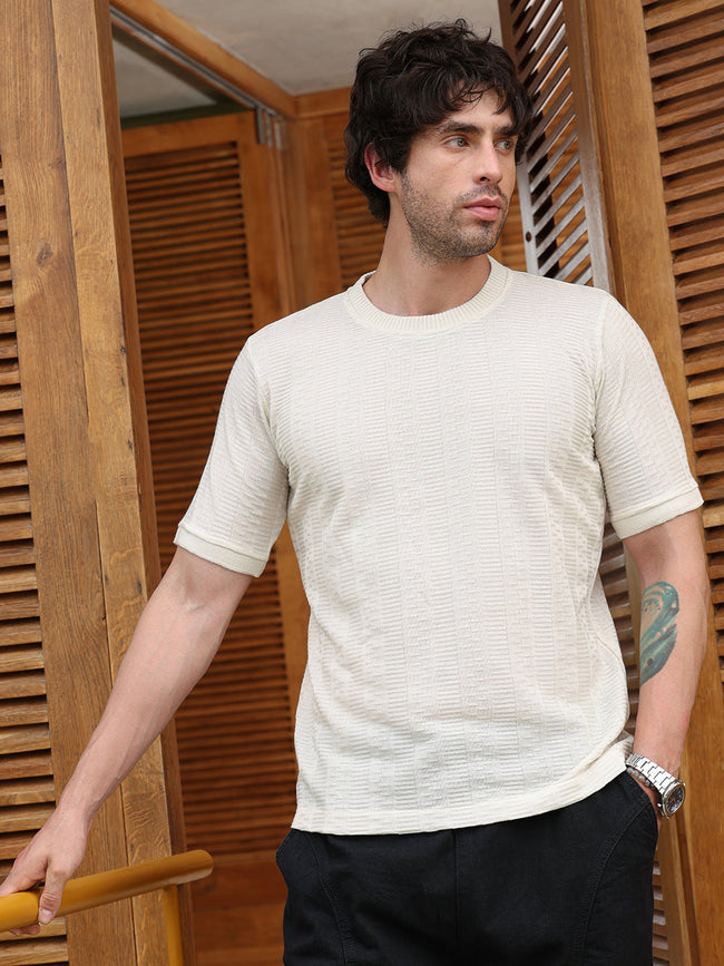 Men Cream White Dash-Ribbed Knit T-Shirt