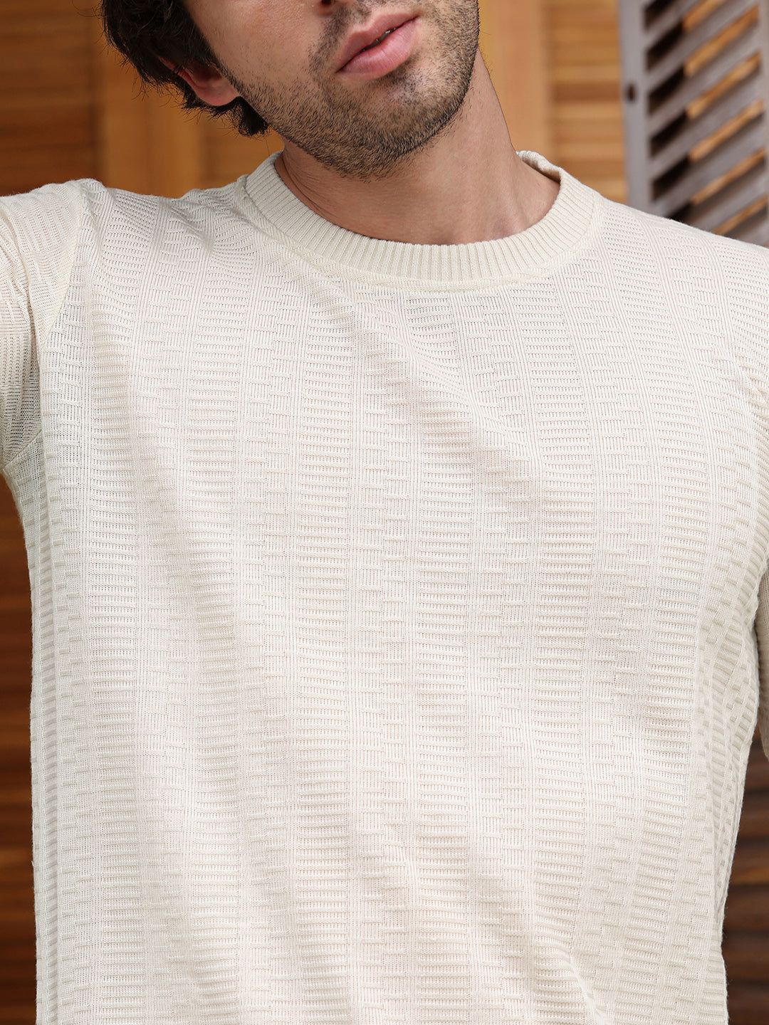 Men Cream White Dash-Ribbed Knit T-Shirt