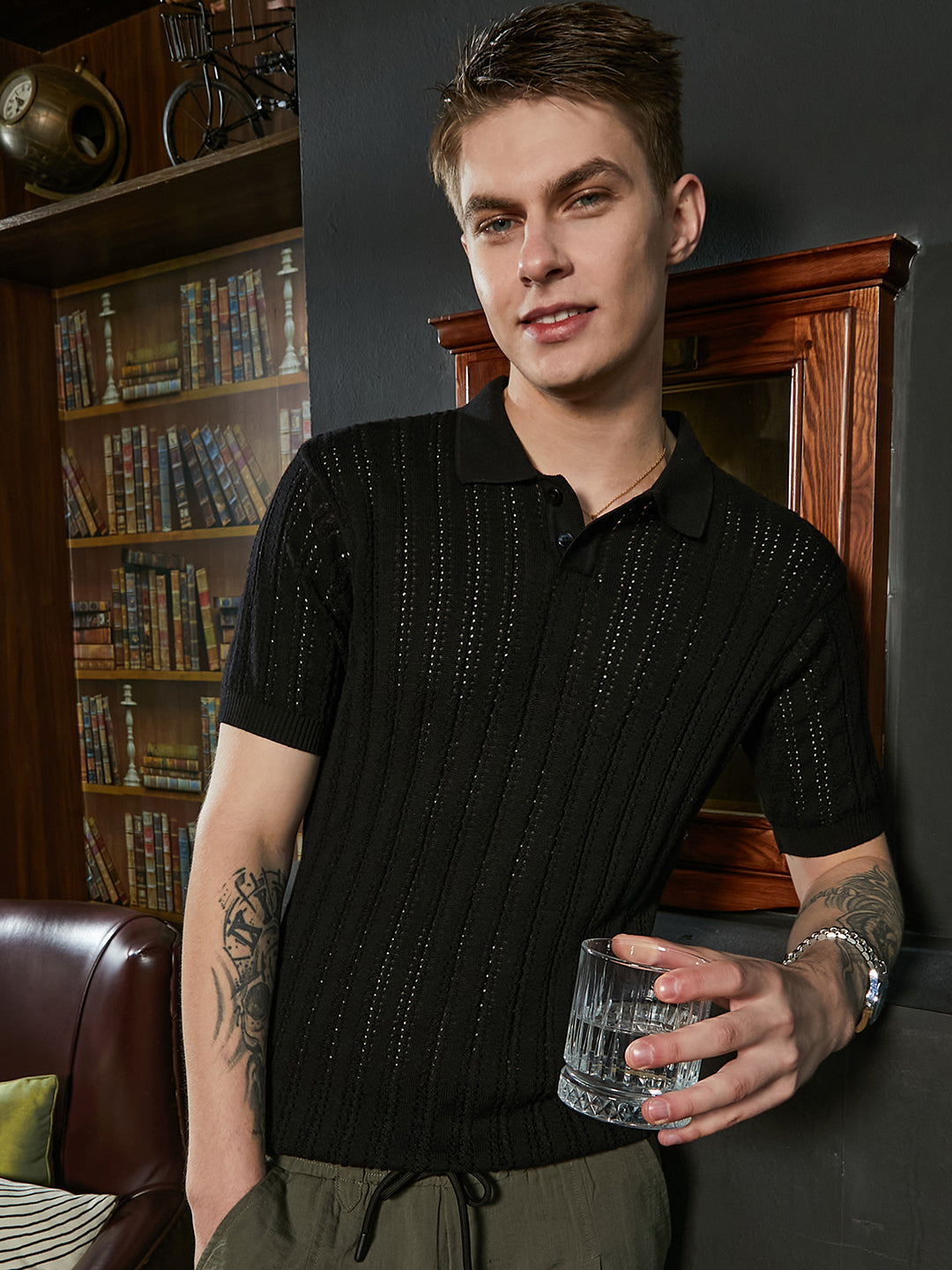 Men Obsidian Black Stripe-Textured Polo T-Shirt