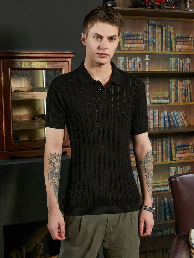Men Obsidian Black Stripe-Textured Polo T-Shirt