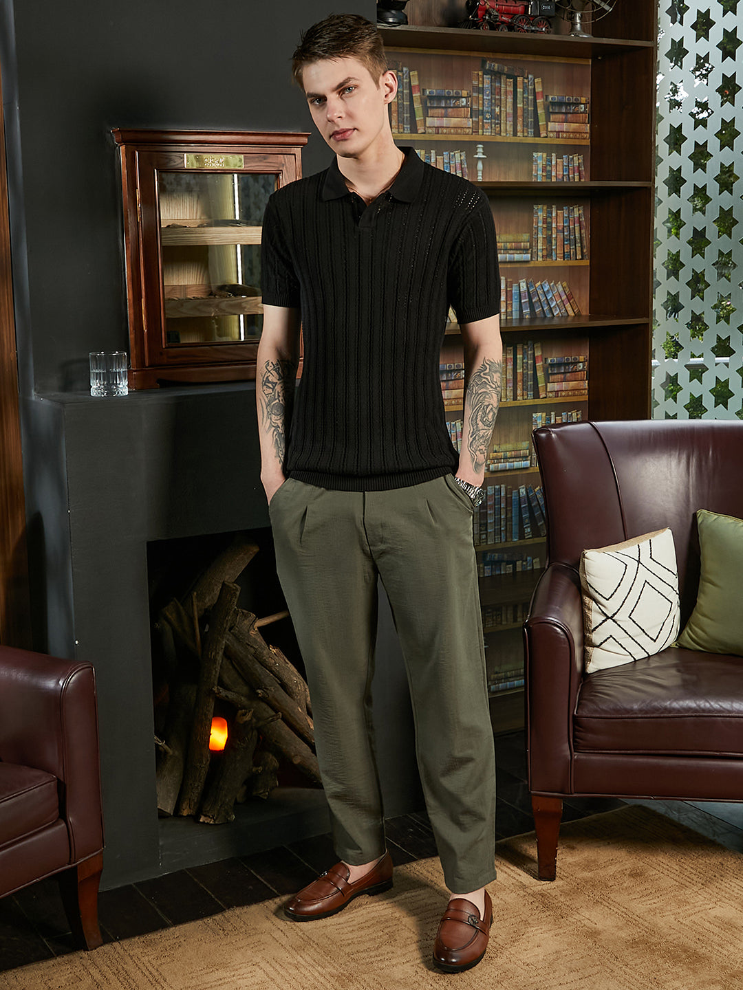 Men Obsidian Black Stripe-Textured Polo T-Shirt