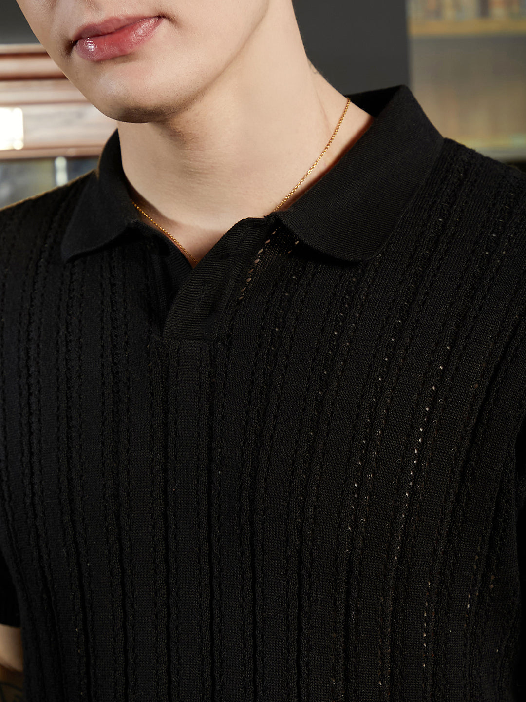 Men Obsidian Black Stripe-Textured Polo T-Shirt