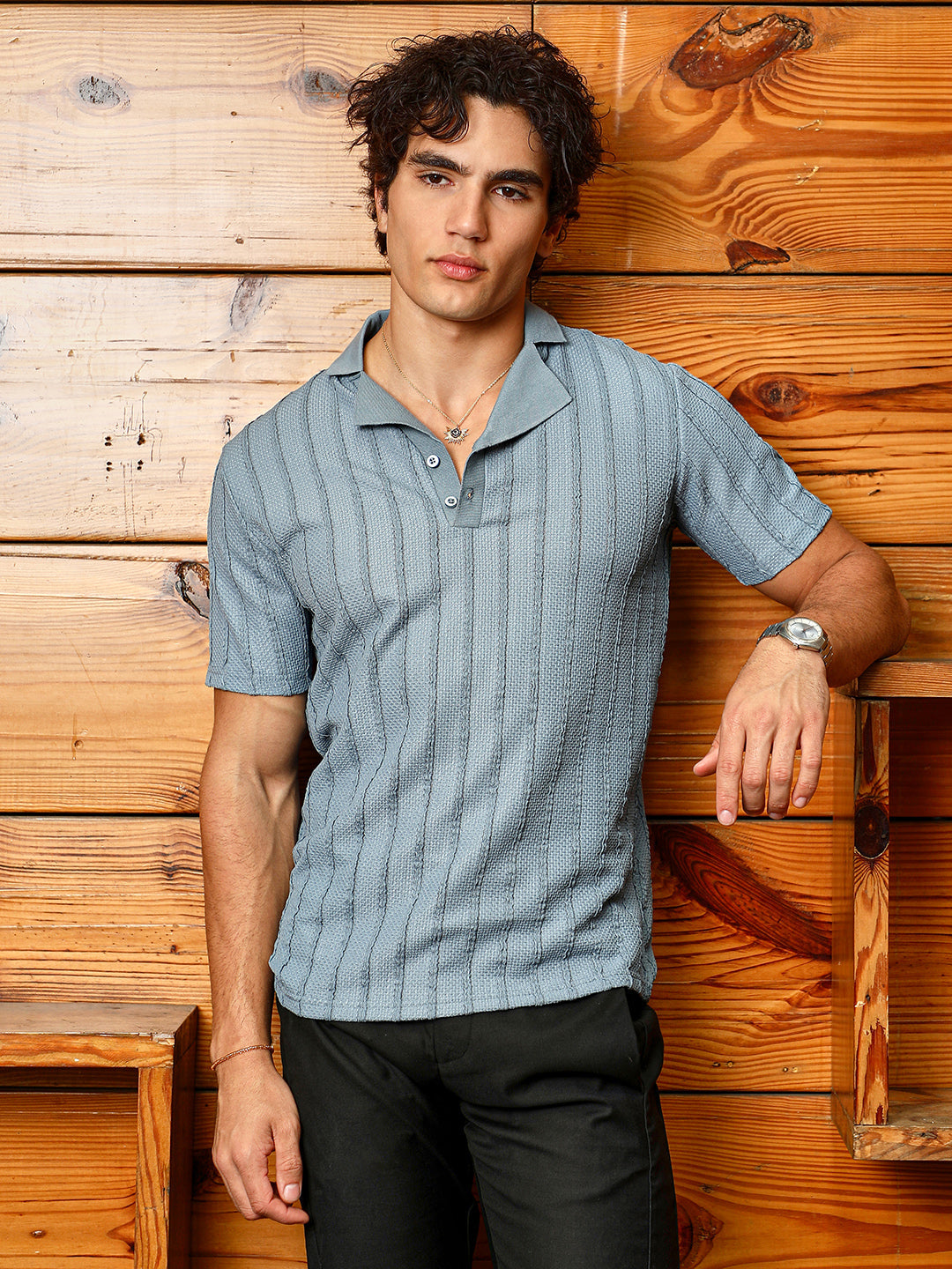 Men Icy Blue Wicker-Tactitle Polo T-Shirt