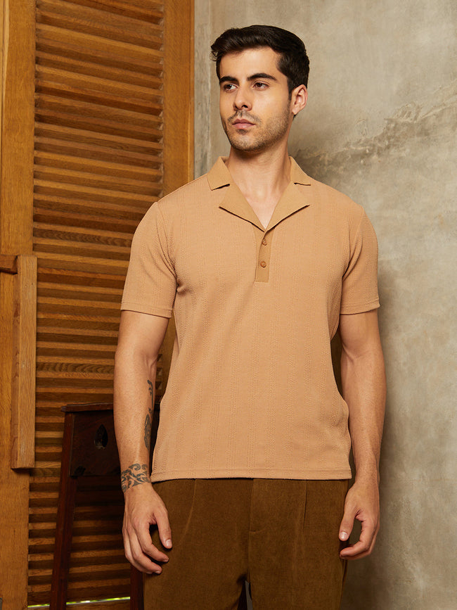 Men Peanut Brown Rope-Tactile Cuban Polo T-Shirt