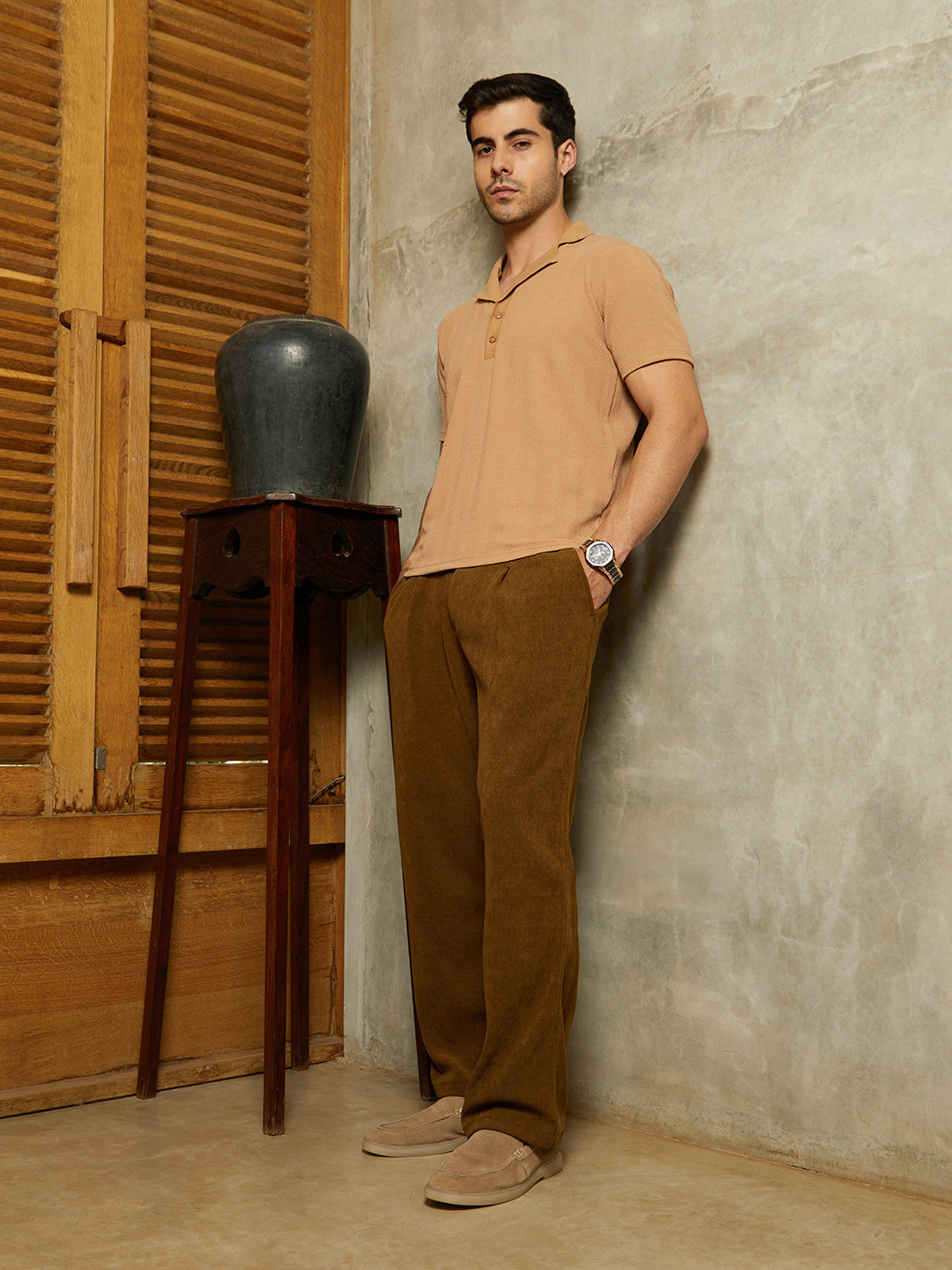 Men Peanut Brown Rope-Tactile Cuban Polo T-Shirt