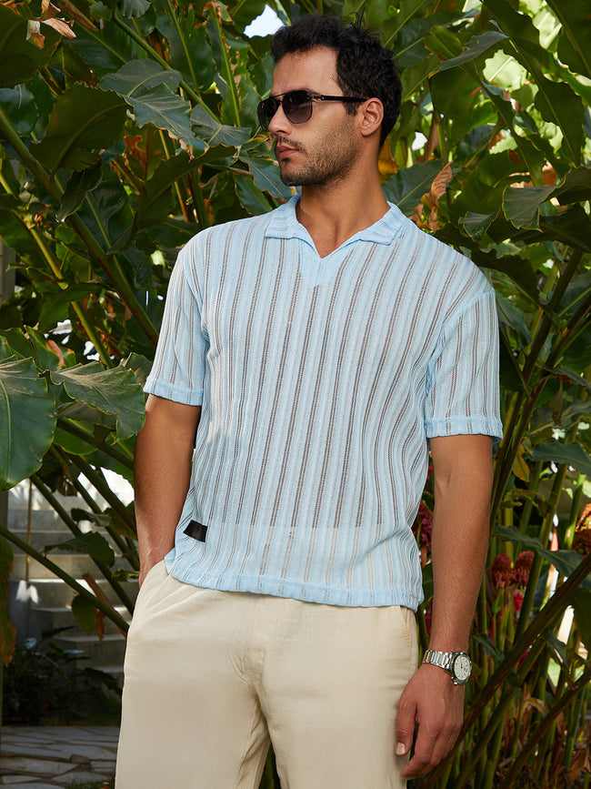 Men Baby Blue Duo-Striped Relaxed Polo T-Shirt