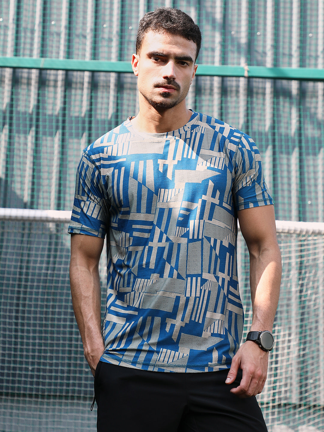 Men Sky Blue Abstract-Bloc Activewear T-Shirt