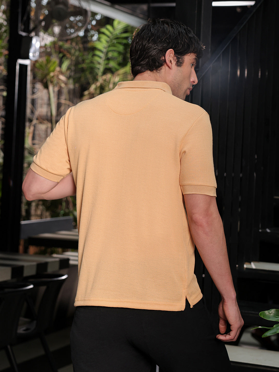 Men Pale Orange Solid Ribbed Polo T-Shirt