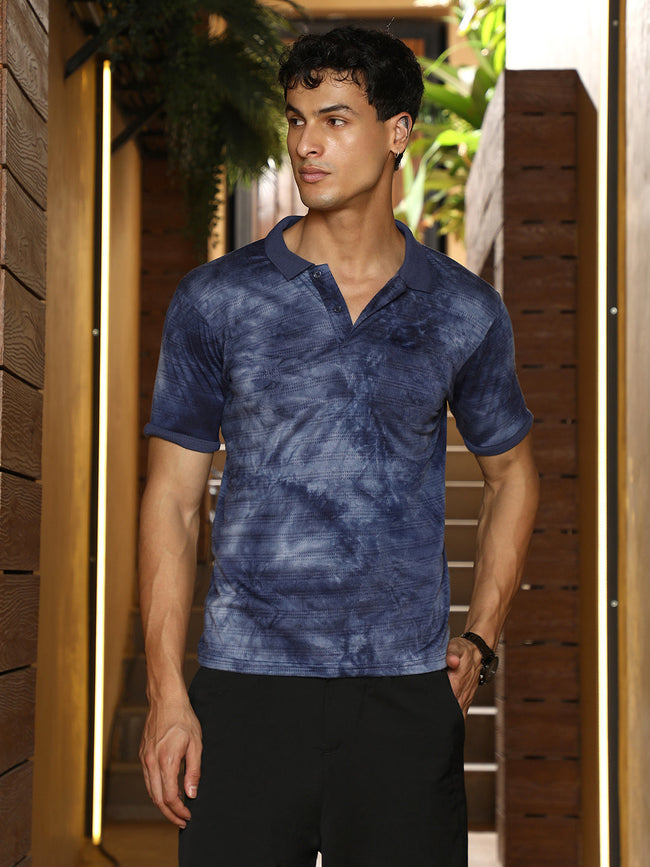 Men Indigo Blue Dye-Panel Jacquard Polo T-Shirt