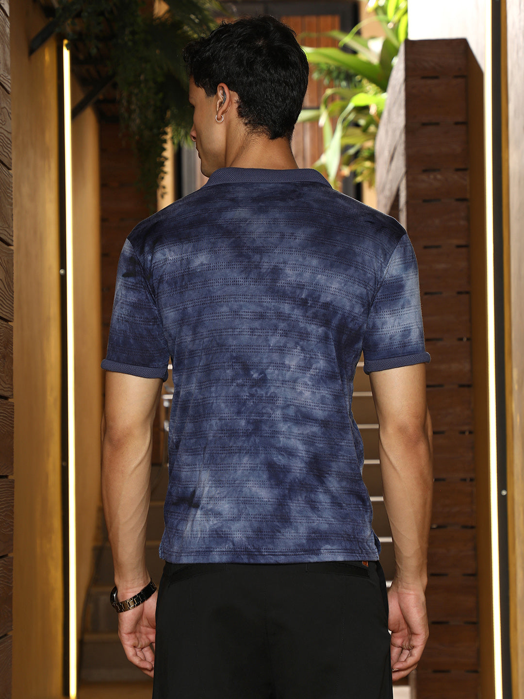 Men Indigo Blue Dye-Panel Jacquard Polo T-Shirt