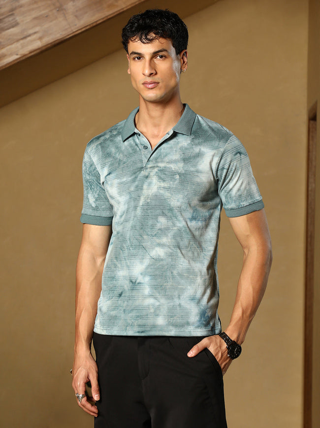 Men Viridian Green Dye-Panel Jacquard Polo T-Shirt