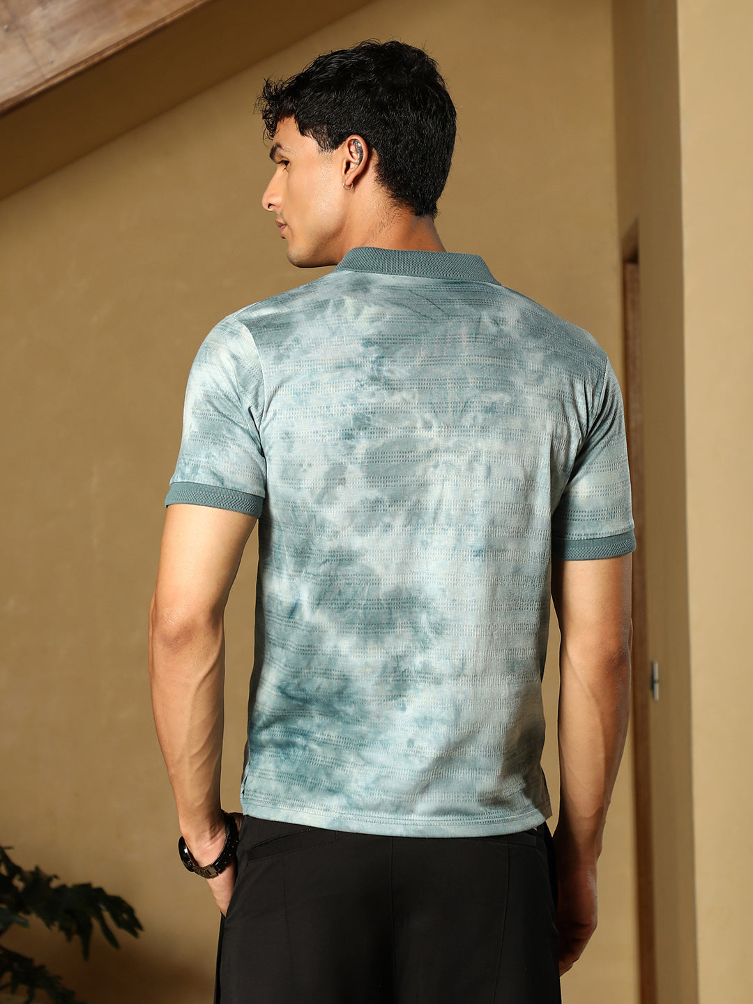 Men Viridian Green Dye-Panel Jacquard Polo T-Shirt