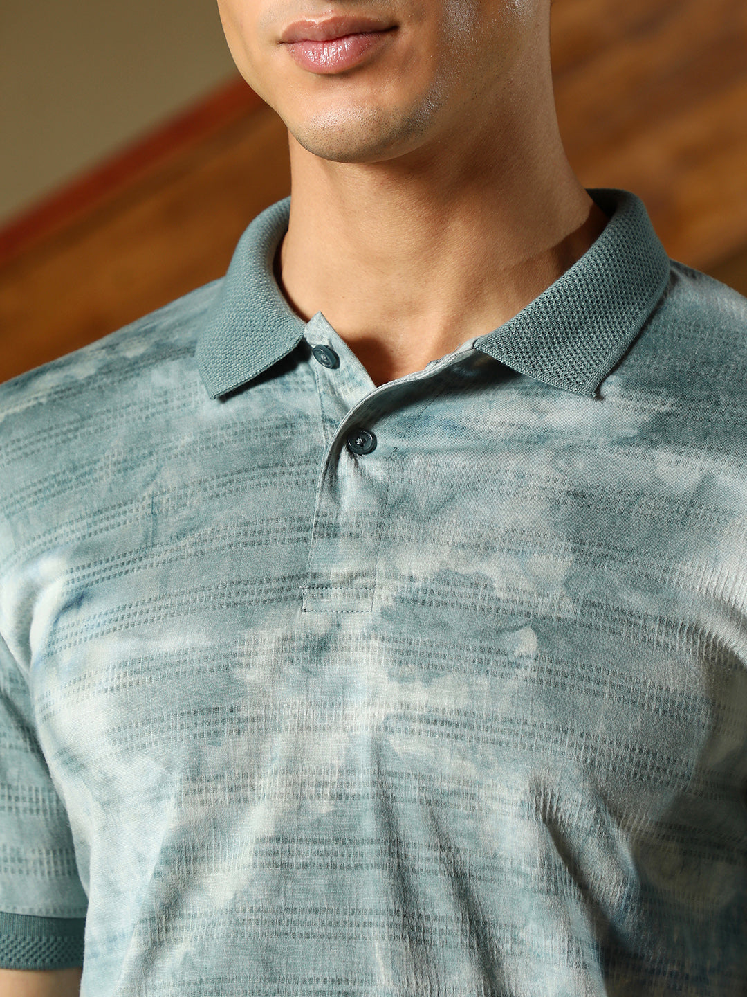Men Viridian Green Dye-Panel Jacquard Polo T-Shirt