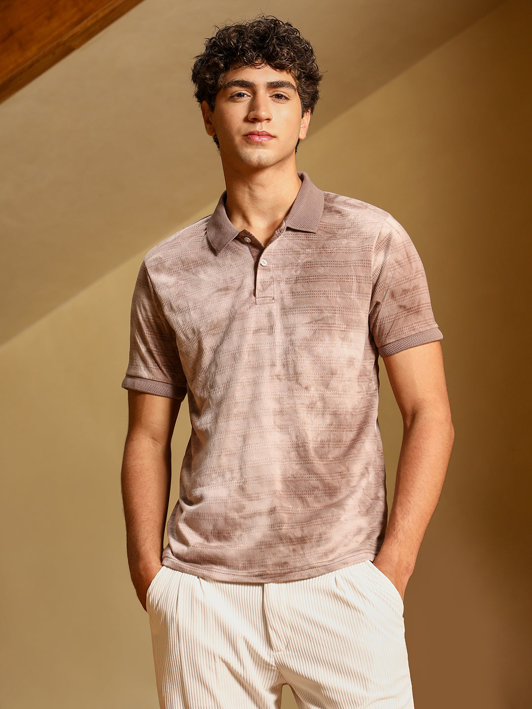 Men Ash Brown Dye-Panel Jacquard Polo T-Shirt