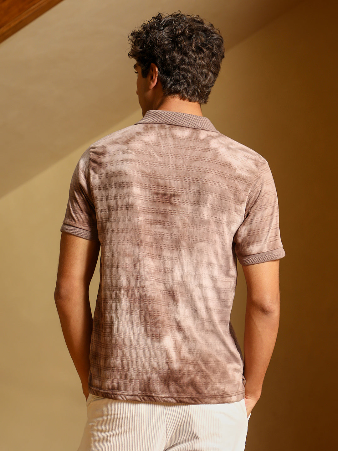 Men Ash Brown Dye-Panel Jacquard Polo T-Shirt