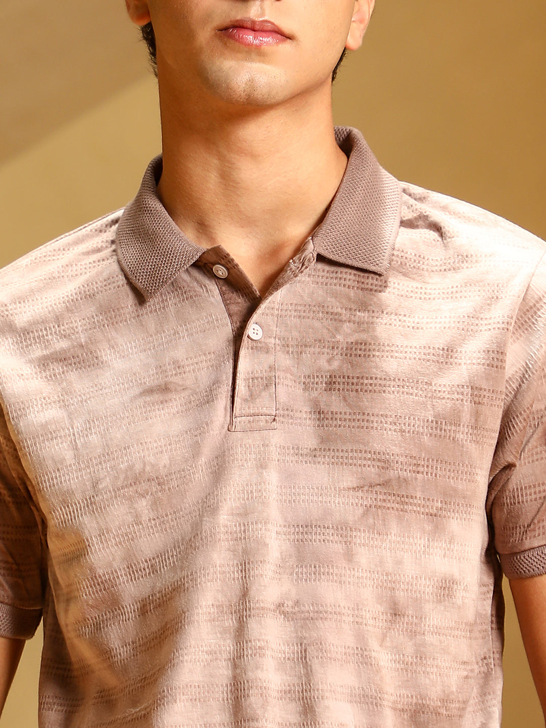 Men Ash Brown Dye-Panel Jacquard Polo T-Shirt
