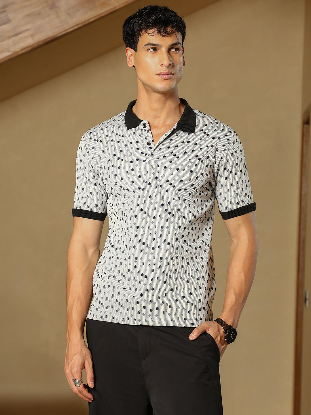 Men Cream White Shadowed-Polka Polo T-Shirt