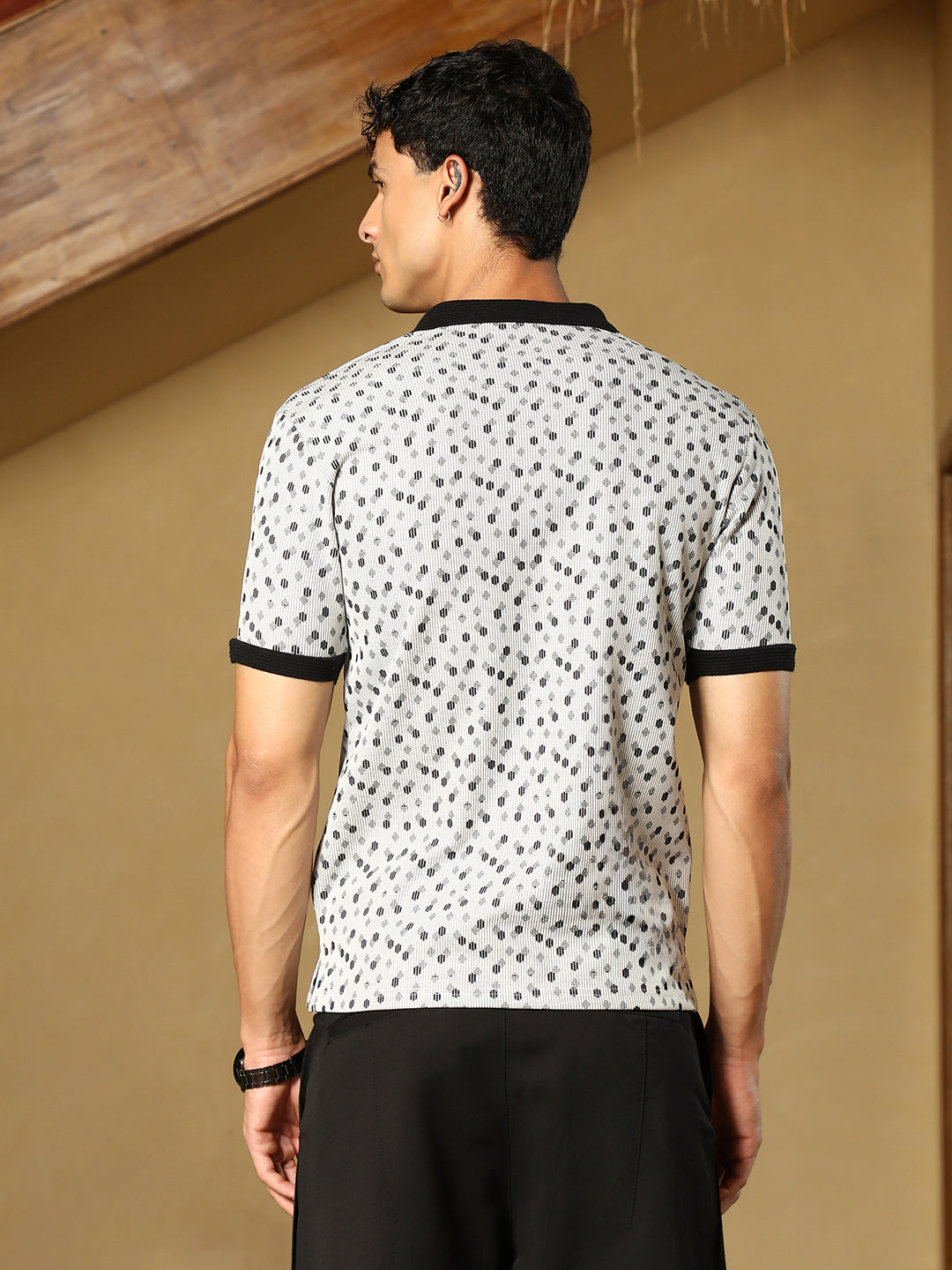 Men Cream White Shadowed-Polka Polo T-Shirt