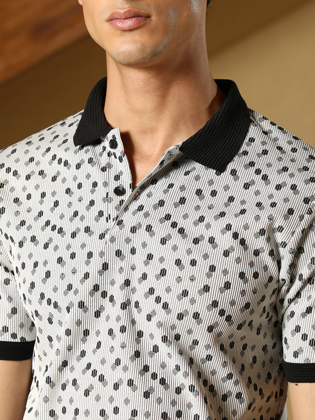 Men Cream White Shadowed-Polka Polo T-Shirt
