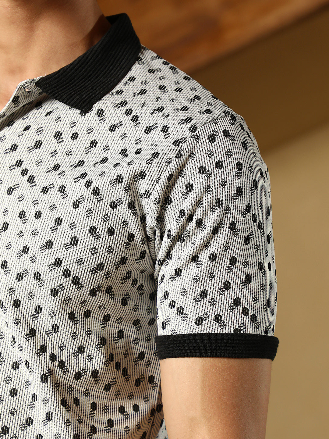 Men Cream White Shadowed-Polka Polo T-Shirt