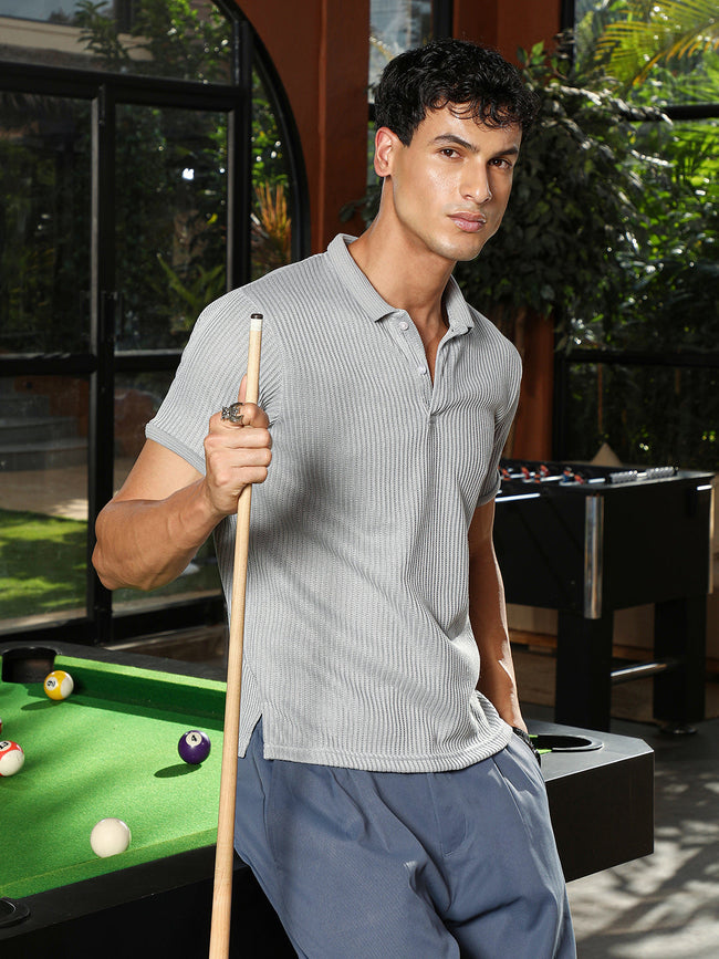 Men Coin Grey Solid Ribbed Polo T-Shirt