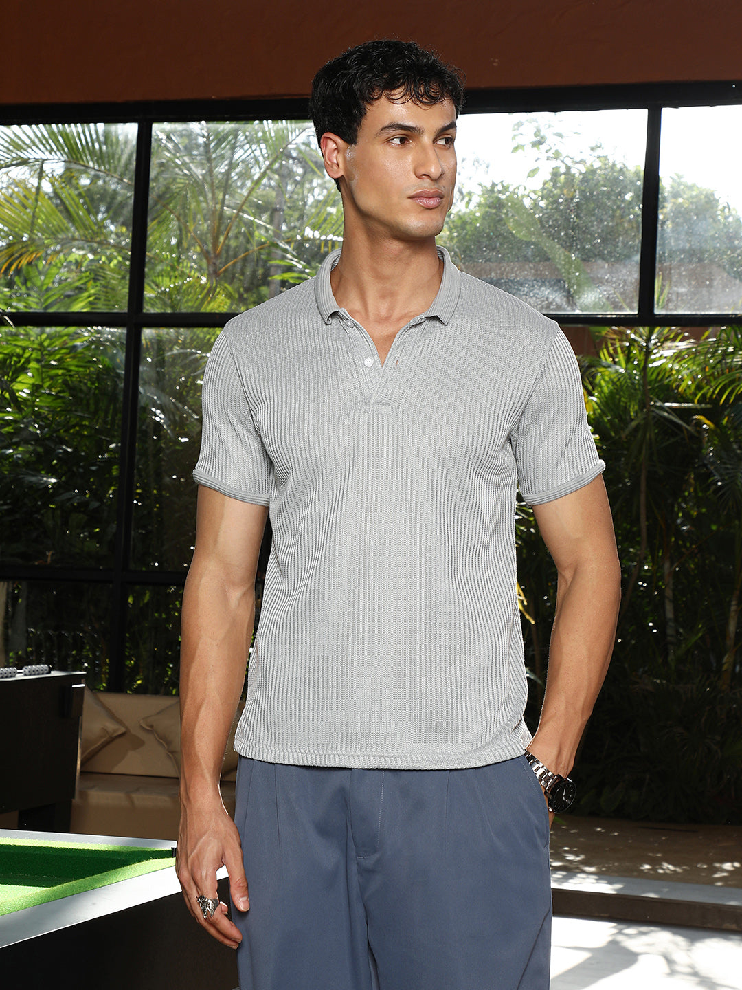 Men Coin Grey Solid Ribbed Polo T-Shirt
