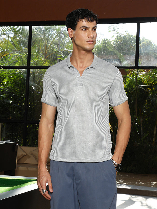 Men Coin Grey Solid Ribbed Polo T-Shirt