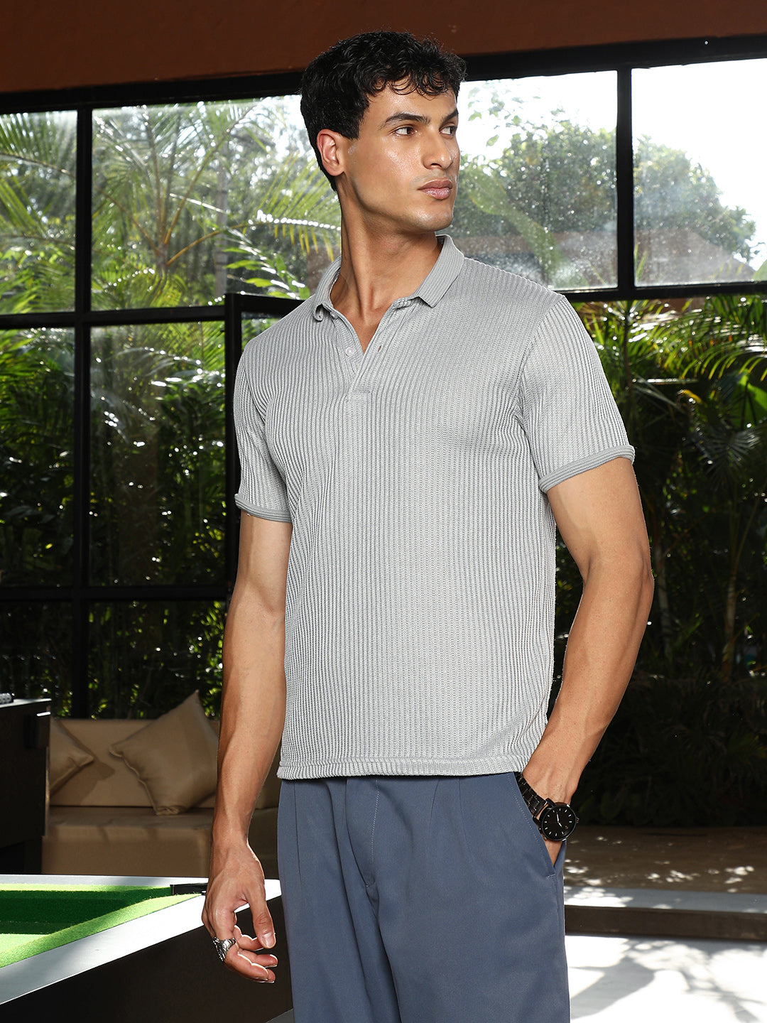 Men Coin Grey Solid Ribbed Polo T-Shirt