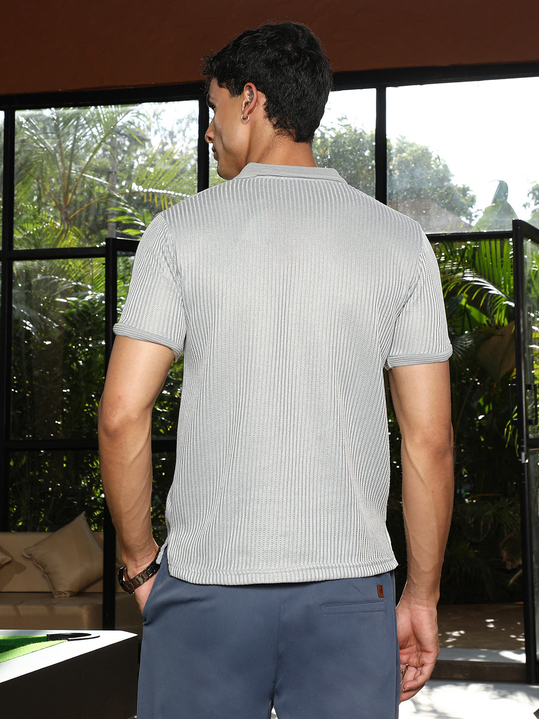 Men Coin Grey Solid Ribbed Polo T-Shirt