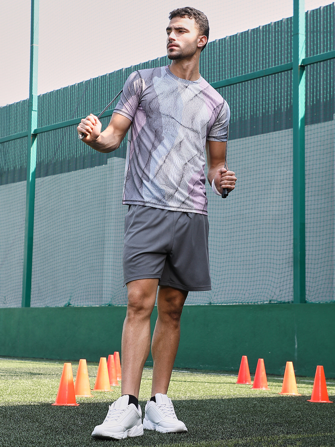 Men Cloud Grey Lined-Dye Activewear T-Shirt