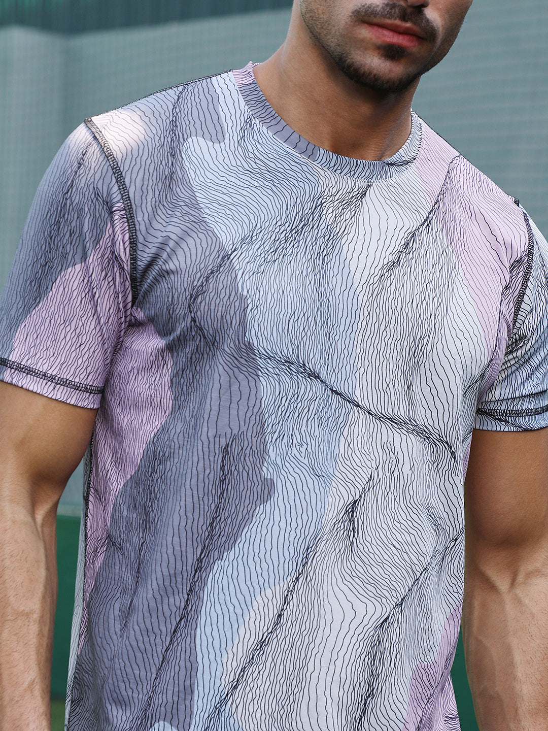 Men Cloud Grey Lined-Dye Activewear T-Shirt